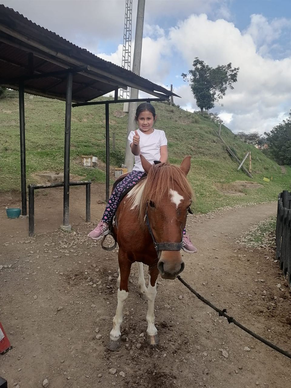 Niña montando a caballo en la granja durante las Vacaciones Recreativas, Fundación Rosas del Carmelo, Bogotá